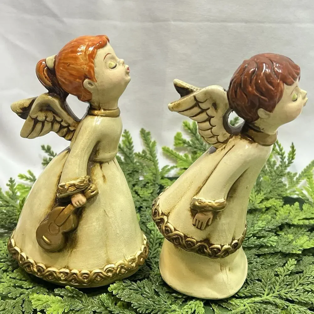 Vintage Mid Century Kissing Angels Choir Musicians Violin Christmas Set of 2